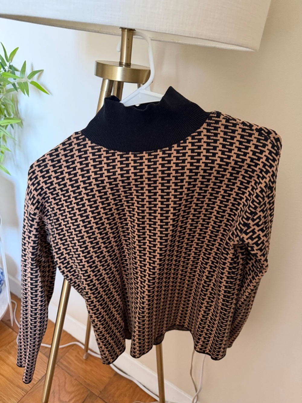 Women’s Black and Tan Patterned Mock Neck Sweater